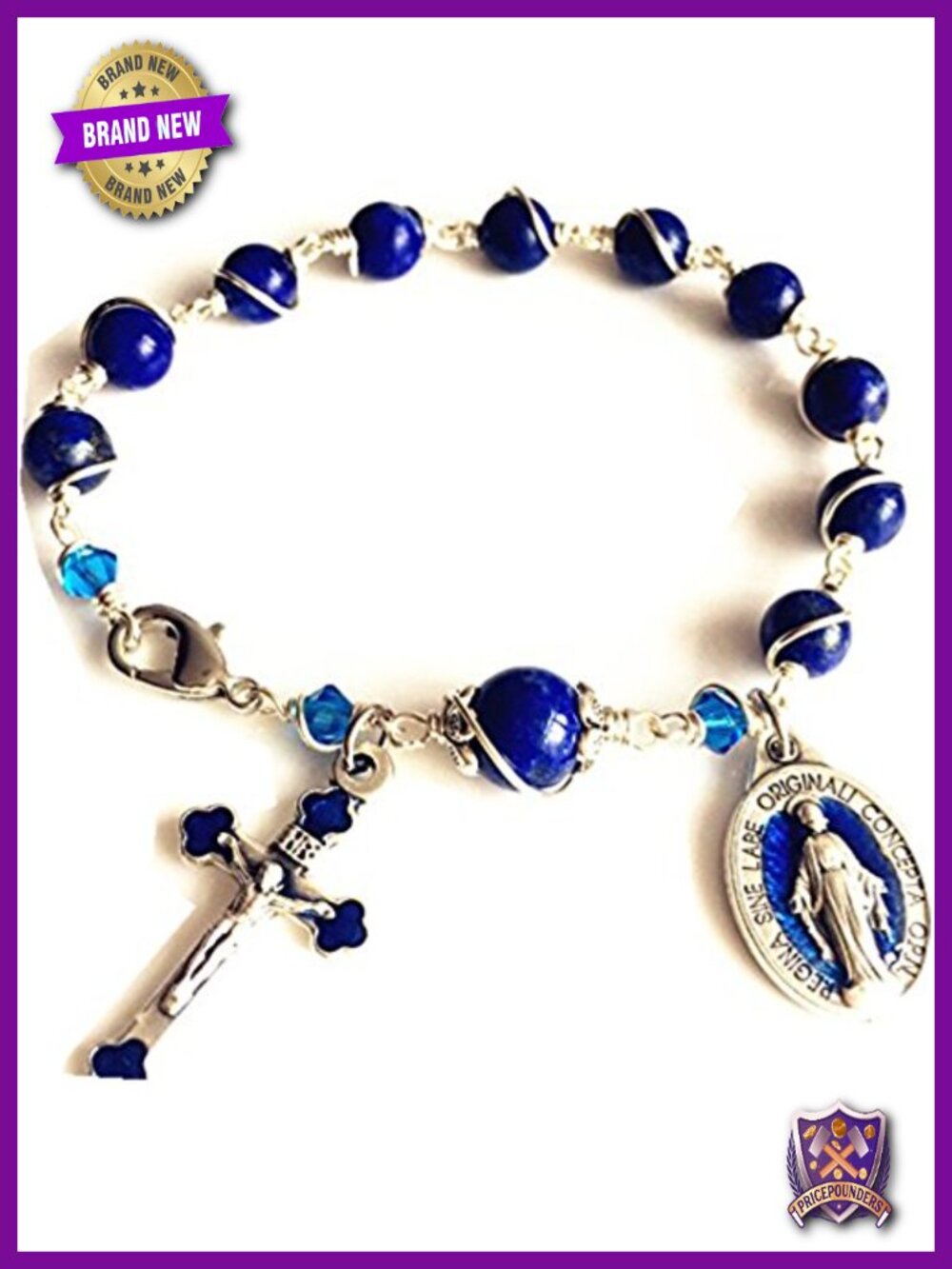 Silver Wire Wrapped Lapis Lazuli Bead Rosary Cross Catholic Bracelet Bangle